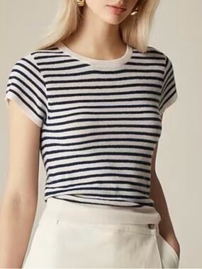 J. Crew Navy and White Striped Short-Sleeve Tee size small 100%cashmere